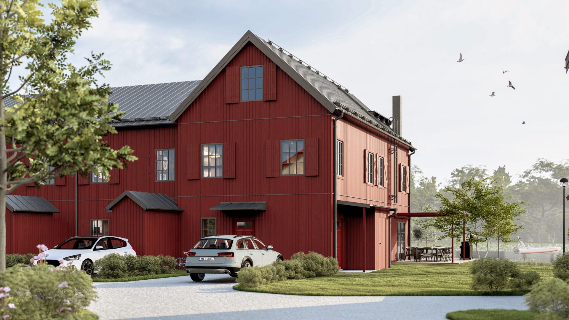 Röd radhuslänga, inspirerad av äldre magasin och båthus, med stora fönster vid vatten.